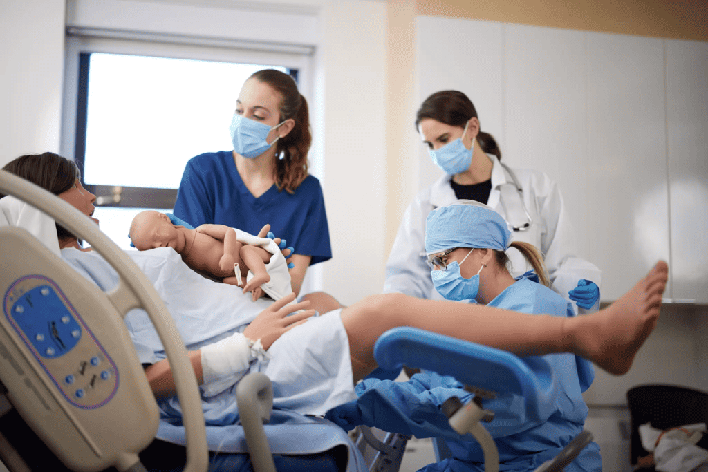 alumnos de obstetricia simulando